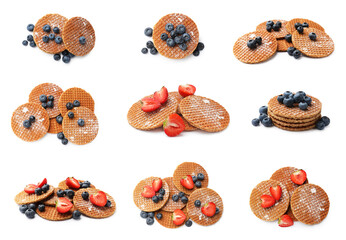 Yummy Dutch waffles (stroopwafels) with fresh berries on white background, collage
