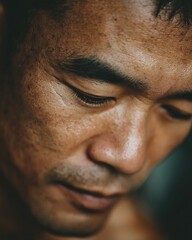 Asian man looking down, sad eyes, natural light, blurred background