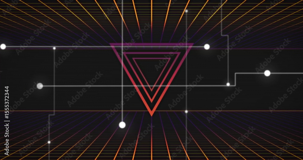 Poster floating nested neon triangles glowing in virtual space, among grid lines and glowing nodes