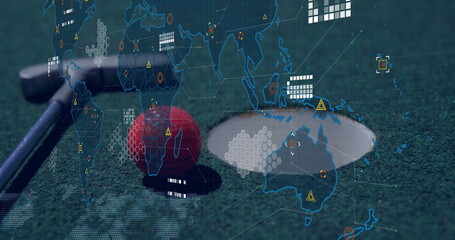 Featuring red golf ball with silver putter, rimmed hole on green turf, with world map overlay