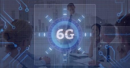 Leading business team discussing bar chart on whiteboard in conference room, with 6G digital icon