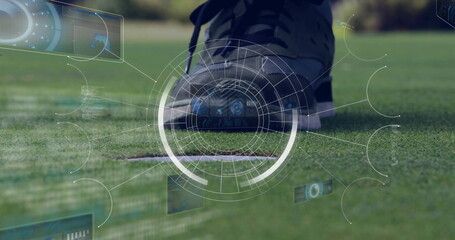 Displaying black athletic golf shoe near golf hole undergoing analysis on putting green, with HUD