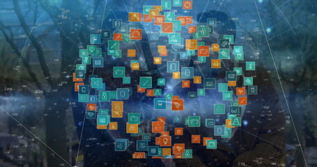 Forming data sphere floating at park clearing with human silhouettes, featuring digital icons