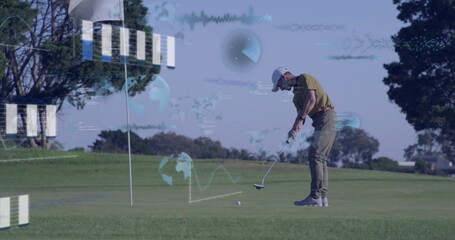 Aligning male golfer wearing baseball cap and olive-green polo on golf green, putter, copy space