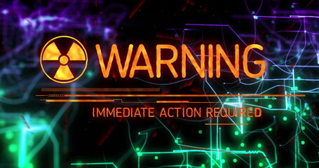 Displaying hazard warning sign on high-tech control panel, with radiation symbol and neon circuits