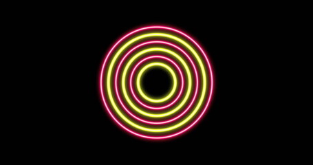 Glowing neon rings forming concentric target pattern on black background, with neon contrast