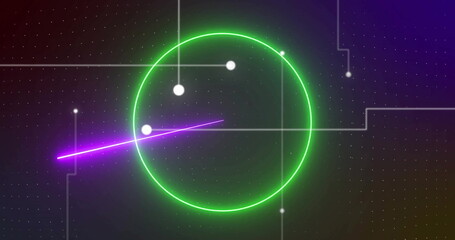 Displaying green neon ring intersecting magenta beam in virtual space with white nodes, gray traces
