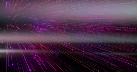 Radiating light streaks and particle trails converging through cyberspace tunnel, high-speed motion