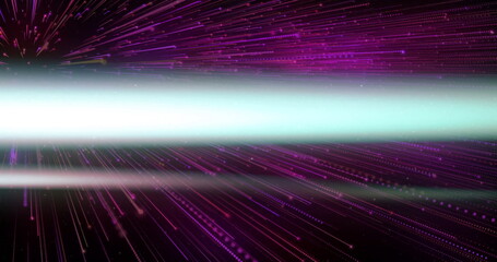 Slicing green beam racing through digital tunnel, with magenta and purple streaks and dotted lights