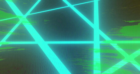 Forming intersecting neon turquoise and green glowing lines in digital screen, with noise texture