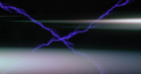 Pulsing purple lightning bolts crossing cosmic void center, with greenish and white light bands