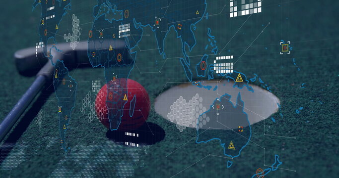 Featuring red golf ball with silver putter, rimmed hole on green turf, with world map overlay
