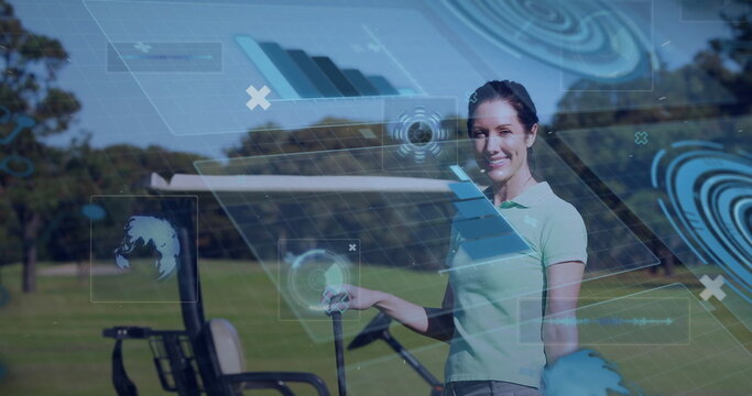 Scanning female golfer holding club beside cart on fairway with hologram charts, copy space