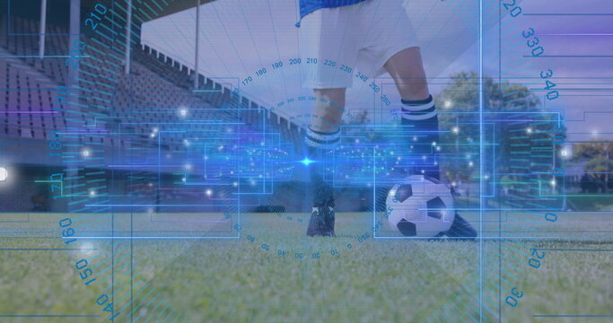 Positioning female player wearing white kit placing foot on ball at stadium pitch, with digital HUD