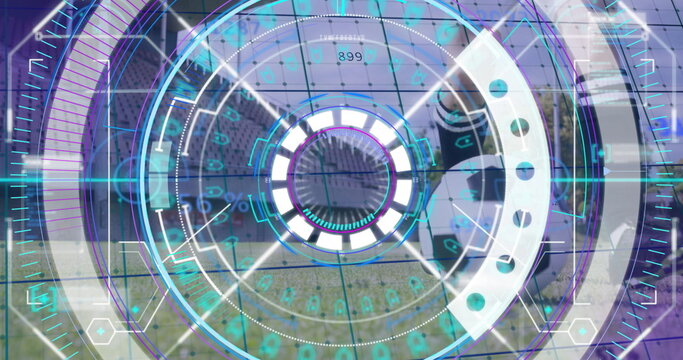 Displaying HUD interface overlaying aerial landscape, with concentric rings and numeric readouts