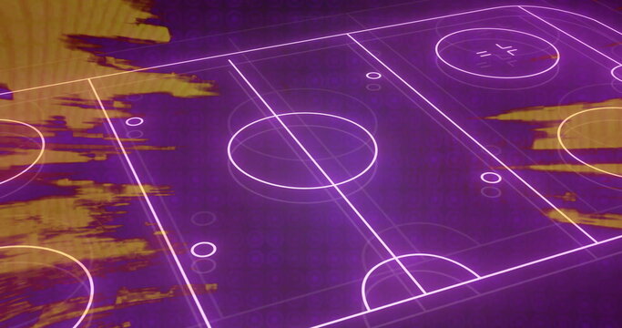Displaying neon sports field diagram in virtual grid with binary overlay and yellow glitch strokes