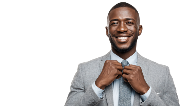 Confident businessman adjusting his tie, ready for success on a white isolated background.
