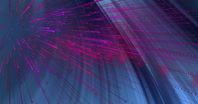 Neon pink light streams and dotted trails radiating in virtual space, with gradient color fields
