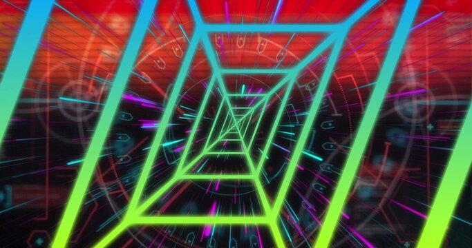 Gliding through neon frames in cyberspace corridor, with light streaks and HUD-style circles