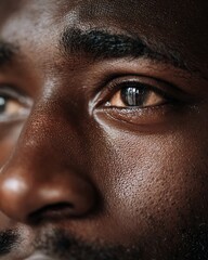 A black man's eyes filled with sadness under clinical white light.