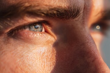 White man's eyes with proud expression, distant gaze, morning sunlight reflection, glowing iris