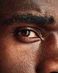 A black man's eyes filled with sadness under clinical white light.