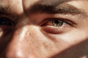 White man's eyes with proud expression, distant gaze, morning sunlight reflection, glowing iris