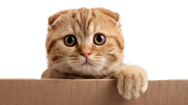 Cute cat peeking over a cardboard box, fluffy and playful expression, white isolated background.