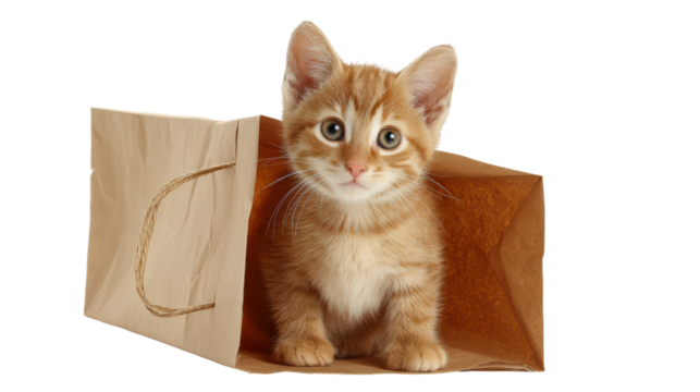 Cute orange kitten peeking out from a brown paper bag on a white background.