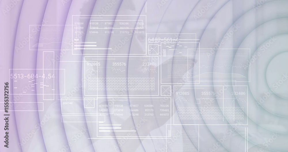 Poster showing translucent panels overlaying dashboard, with numeric tables, data charts and grid shapes