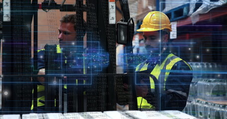 Workers wearing vests and hard hat operating forklift controls in warehouse, with digital overlay