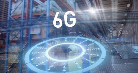 Projecting translucent holographic interface labeled 6G hovering over warehouse aisle, with racks