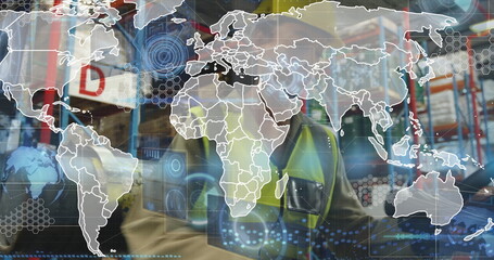Standing worker wearing vest amid shelving boxes with bay labels in warehouse with digital overlay