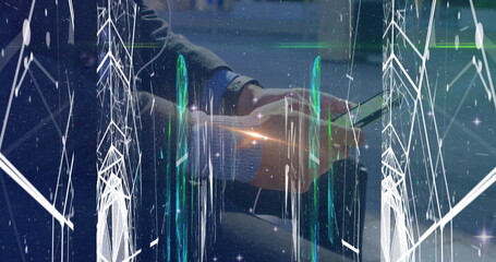 Viewing data overlay on smartphone, man in suit, wristwatch sitting on lounge bench, with suitcase