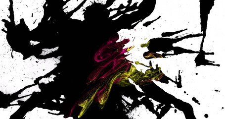 Runner silhouette bursting with neon smoke textures on white background, with black paint splatter
