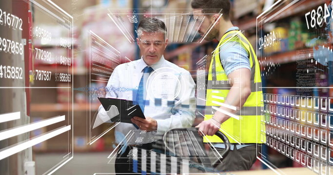 Reviewing digital overlay, tie-clad manager and vested worker using pallet jack in warehouse aisle