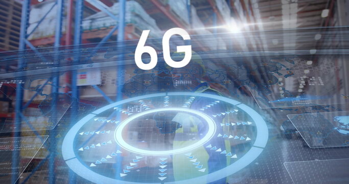 Projecting translucent holographic interface labeled 6G hovering over warehouse aisle, with racks