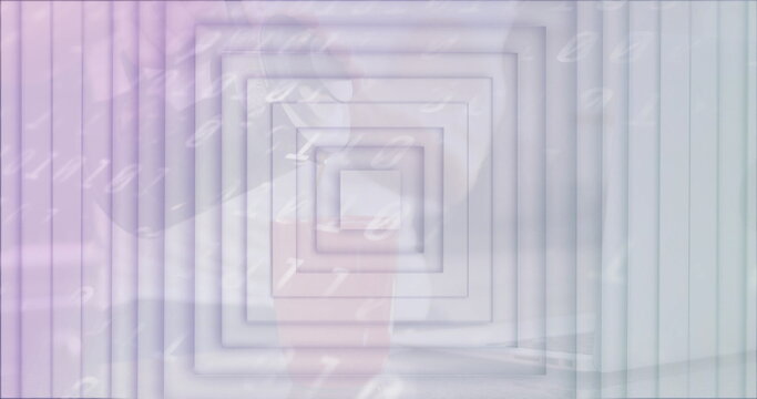 Displaying concentric squares receding in digital space, with numeric overlay and gradient stripes