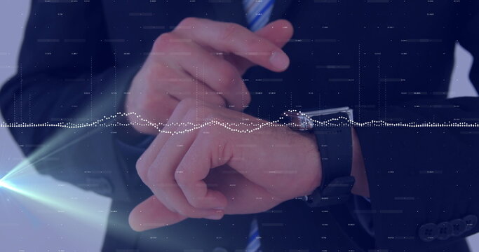 Business professional adjusting smartwatch on wrist in modern office, with digital waveform overlay