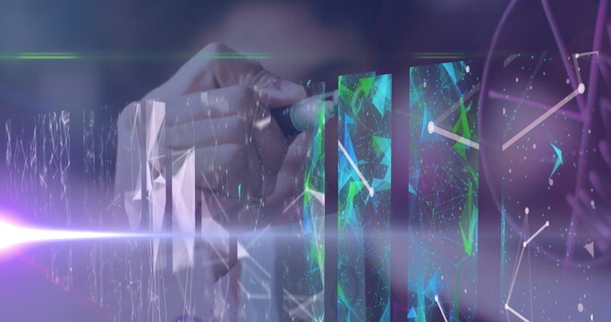 Hand holding stylus pen manipulating network nodes on panels in workspace, holographic beams - Powered by Adobe