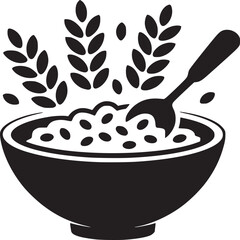 A black and white graphic of a bowl of cereal with a spoon and wheat stalks behind it in silhouette