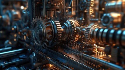Intricate metallic machinery with interlocking gears and complex engineering details