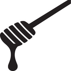 A black and white graphic of a honey dipper with honey dripping from it on a white background space