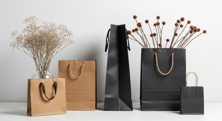 Arrangement of shopping bags with floral accents against a plain backdrop
