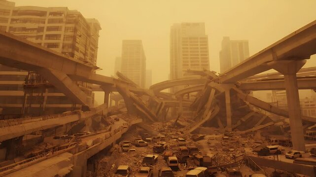 Post-Apocalyptic Urban Landscape with Ruined Infrastructure and Heavy Dust Storms