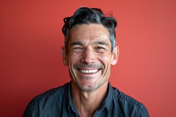Portrait of a happy senior man smiling at the camera against a red background