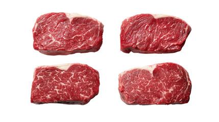 Fototapeta premium Four cuts of fresh beef steaks on a white isolated background.