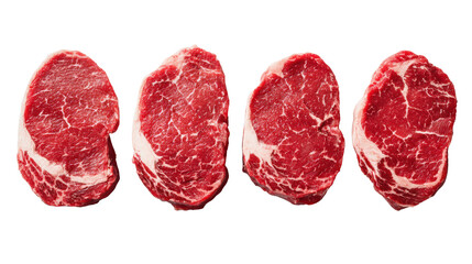 Obraz premium Four fresh ribeye steaks, marbled texture, white isolated background.