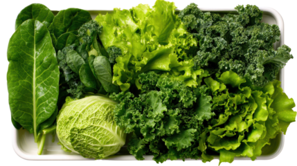 Fresh assortment of green leafy vegetables arranged on a tray, ready for healthy meals and vibrant dishes.