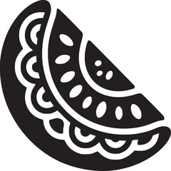 Black and white graphic illustration of a watermelon slice with seeds and rind details in a simple style